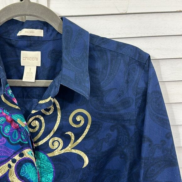 Chico's No Iron Shirt Size 1 Size 8 Blue With Vibrant Paisley Print - Picture 6 of 16